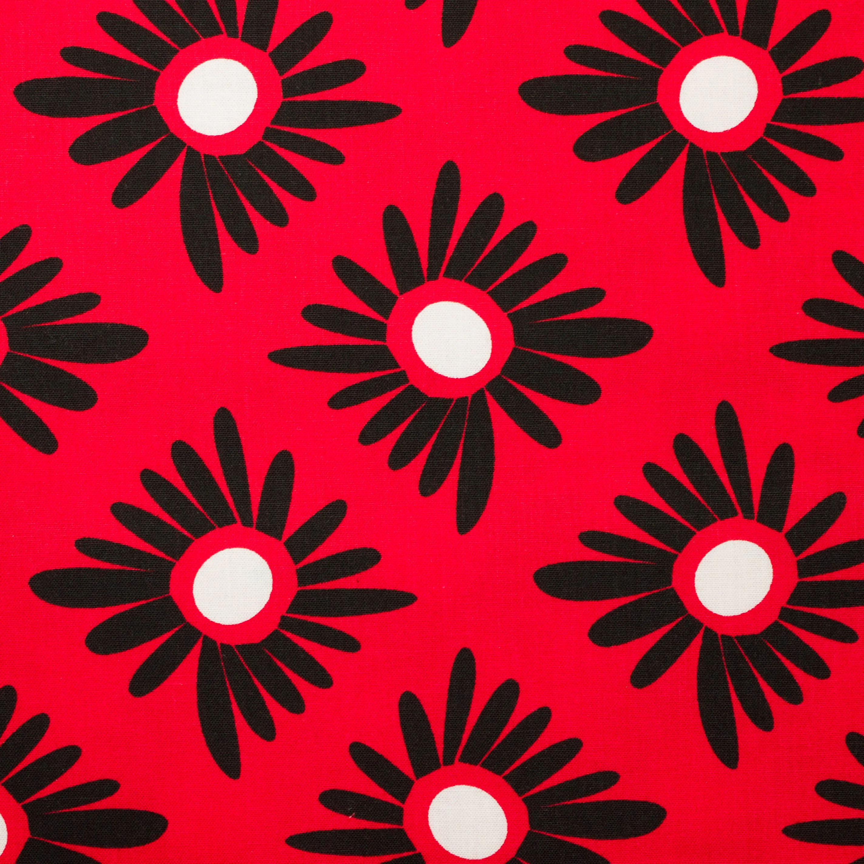 katoen rood met zwartwitte bloemen